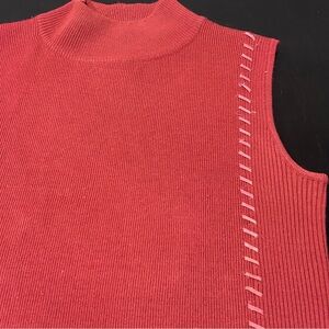 Vintage Lana Lee Rust Red Ribbed Mock Neck Sleeveless Ladder Knit Detail Size S
